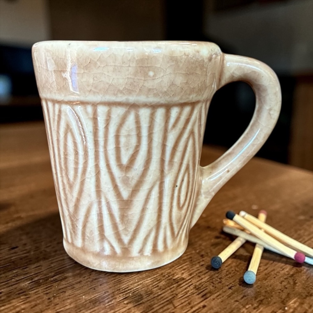 Vintage Japanese Faux Bois Ceramic Miniature Mug Toothpick Holder Wood Grain